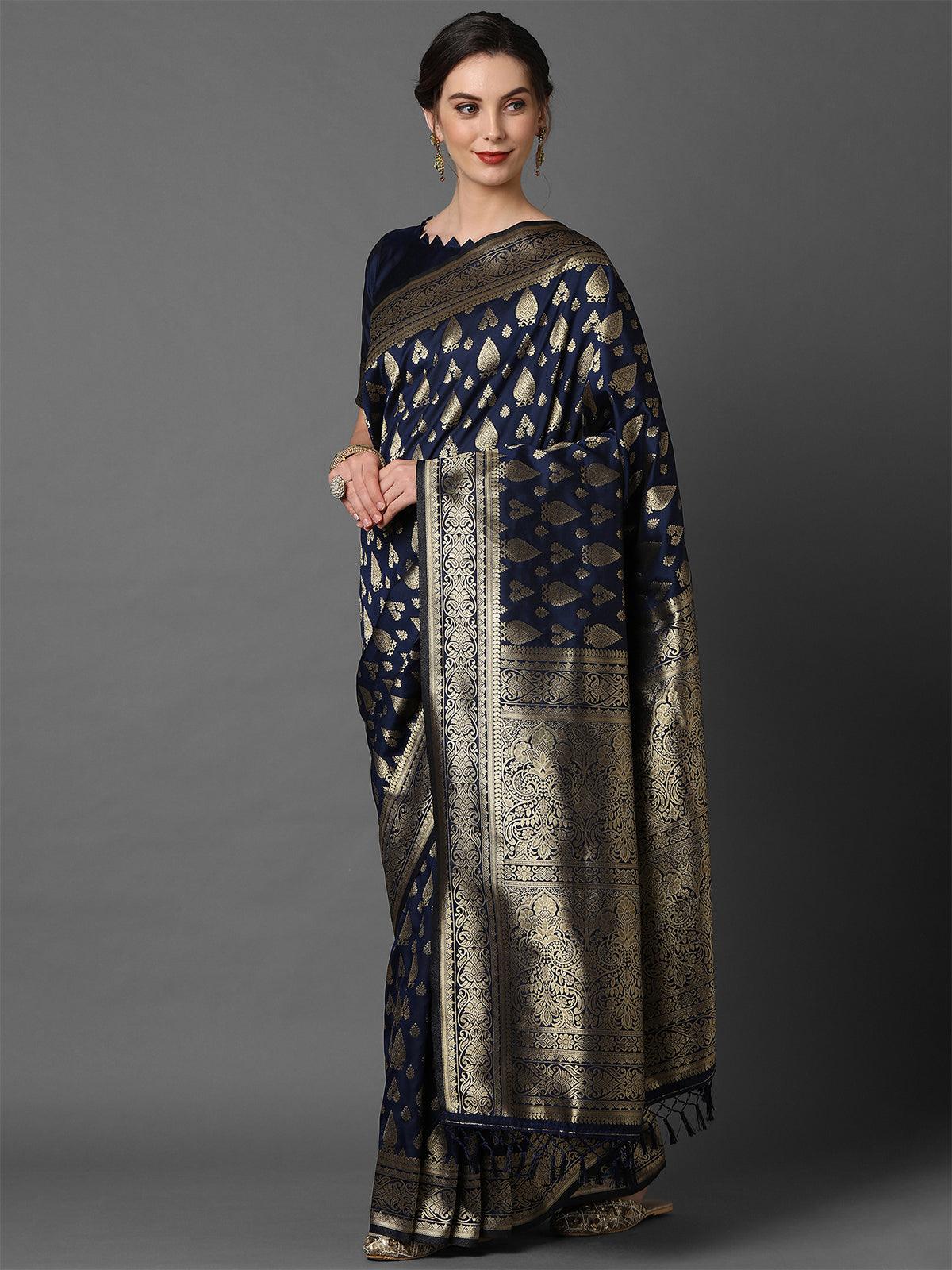 Navy Blue Festive Silk Blend Woven Design Saree With Unstitched Blouse - Odette