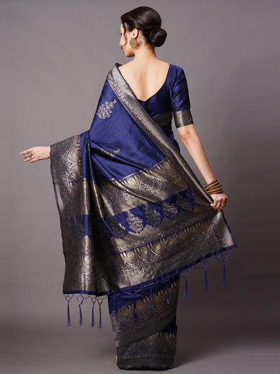 Navy blue Festive Silk Blend Woven Design Saree With Unstitched Blouse - Odette