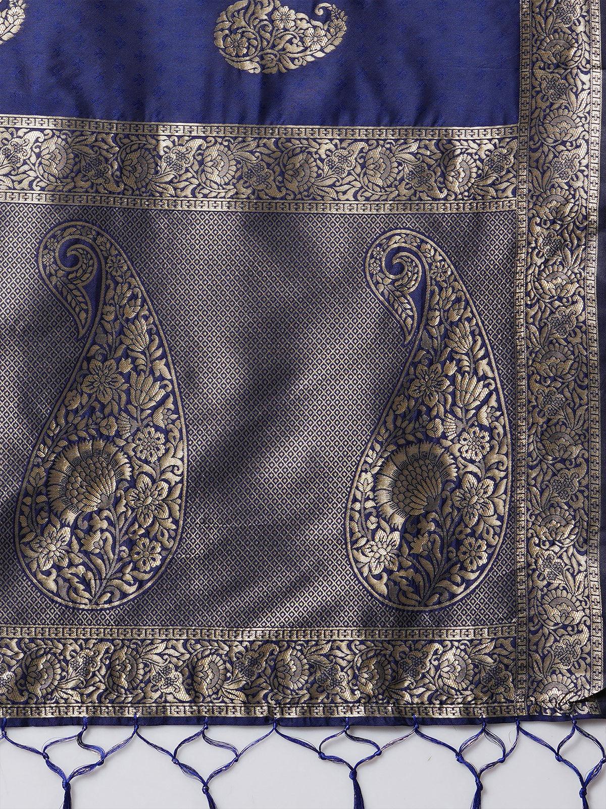 navy blue Festive Silk Blend Woven Design Saree With Unstitched Blouse - Odette