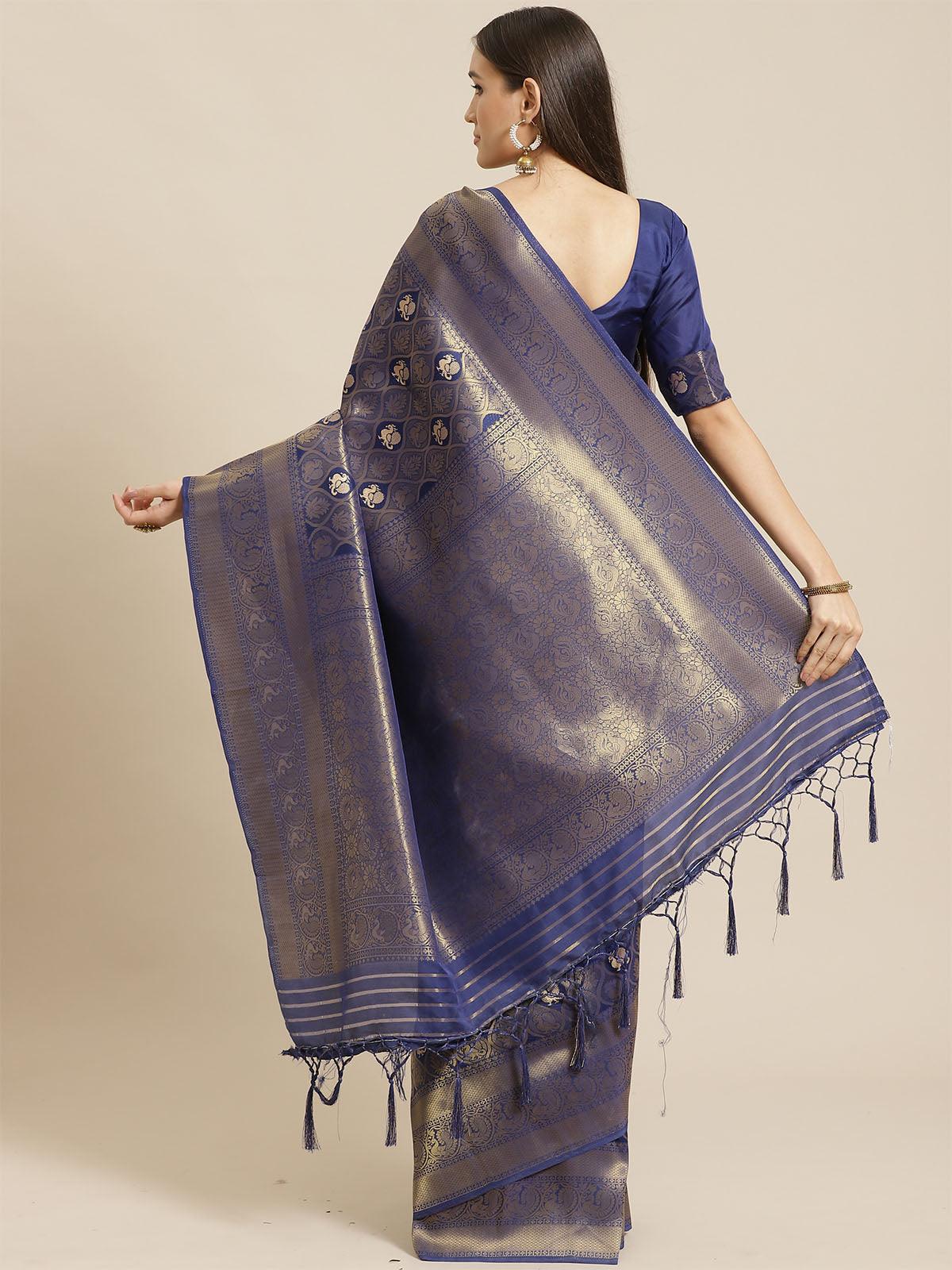 Navy Blue Festive Silk Blend Woven Saree With Unstitched Blouse - Odette