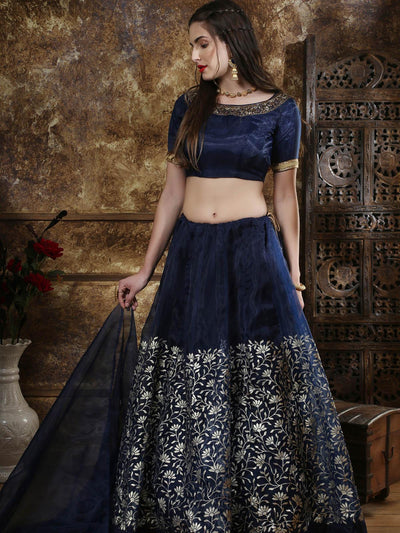Navy Blue Organza Embroidered Lehenga - Odette
