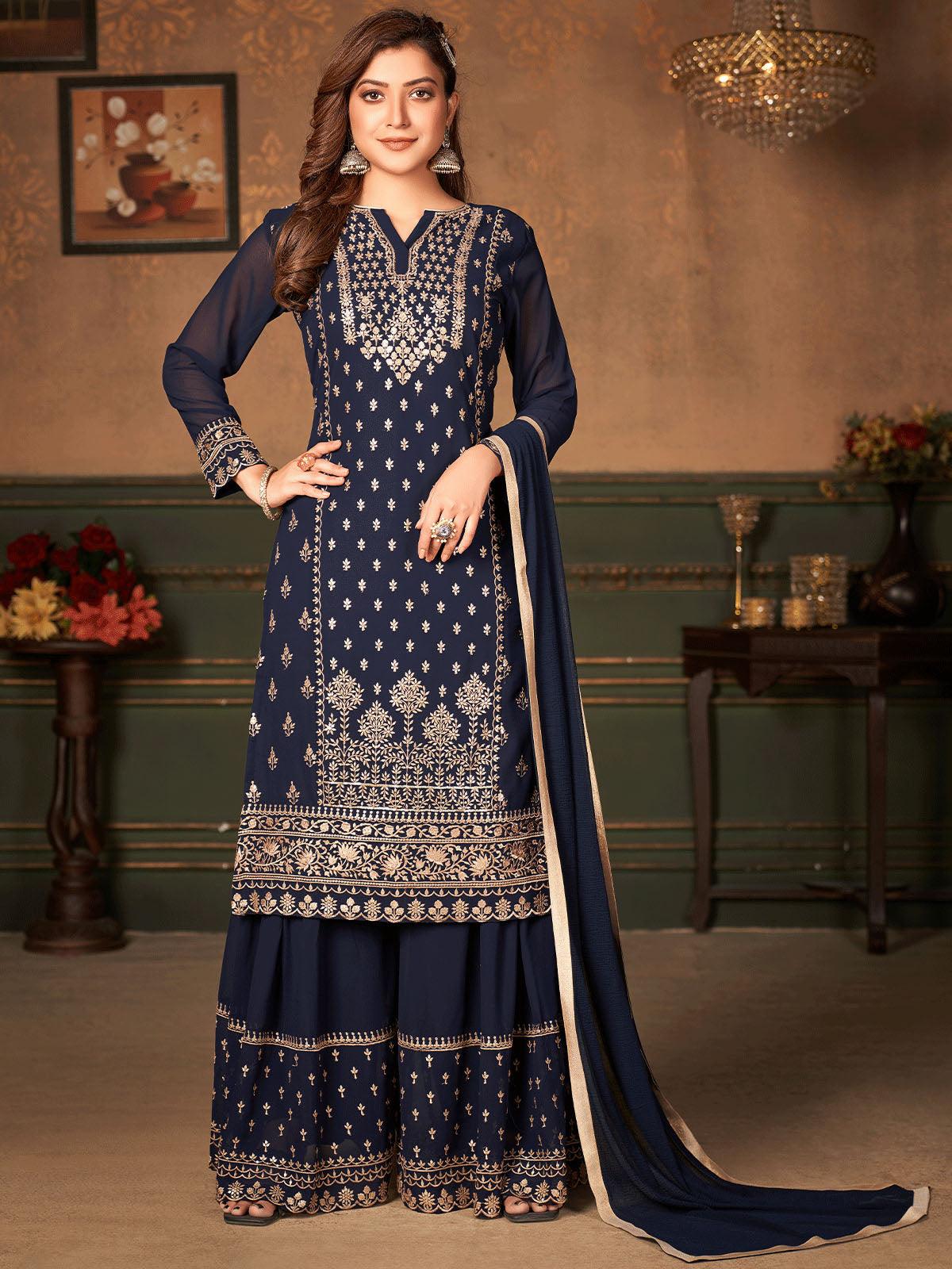 Navy Blue Semi-stitched Embroidered Faux Georgette Kurta Set With Dupatta - Odette