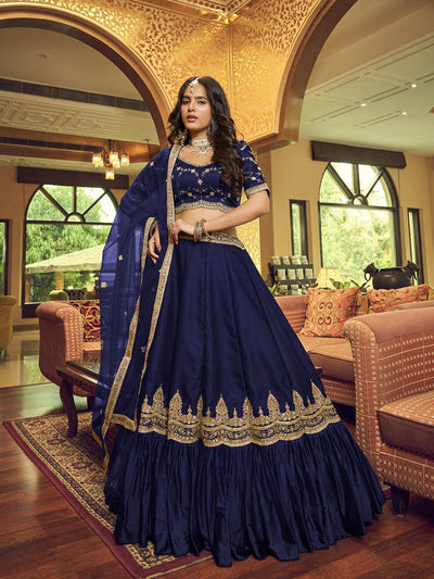 Navy blue Silk and Satin Lehenga Choli - Odette