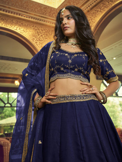 Navy blue Silk and Satin Lehenga Choli - Odette