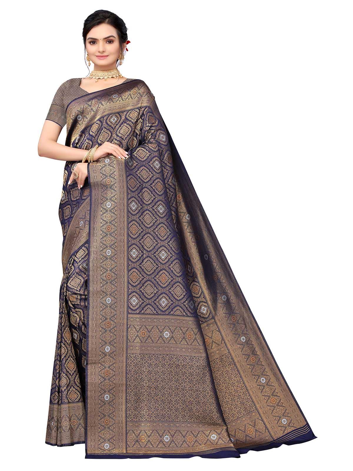 Navy Blue Silk Blend Woven Saree With Blouse - Odette