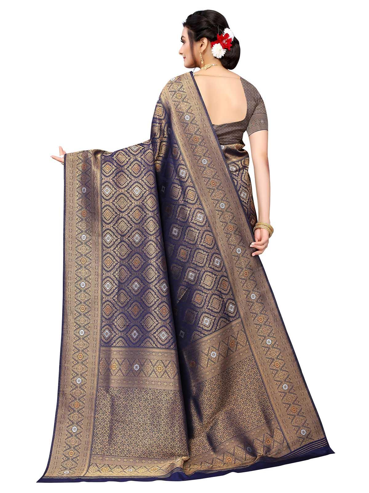 Navy Blue Silk Blend Woven Saree With Blouse - Odette