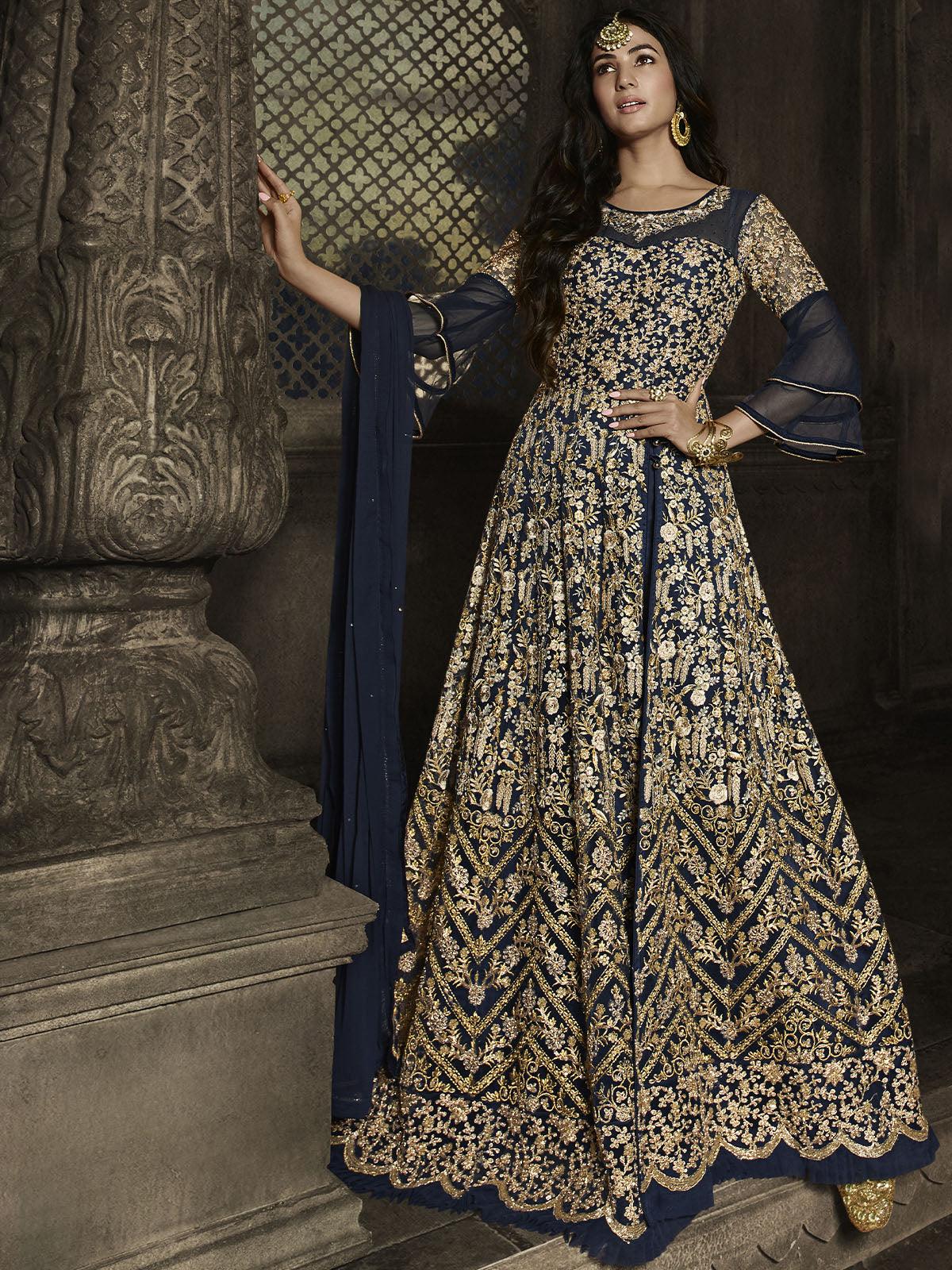 Navy Blue Unstitched Embroidered Dress Material With Dupatta - Odette