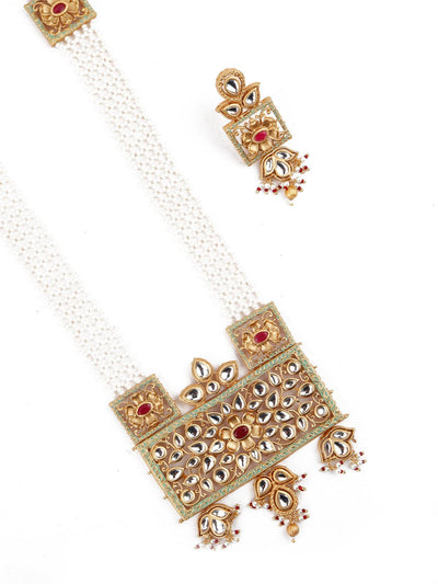 Netted Pattern Gold Tone Kundan-Pearl Necklace Set - Odette