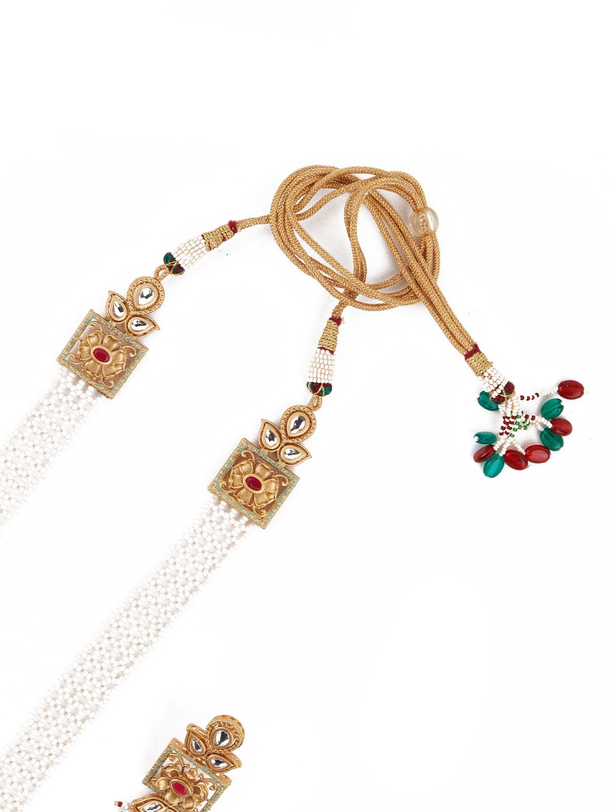 Netted Pattern Gold Tone Kundan-Pearl Necklace Set - Odette