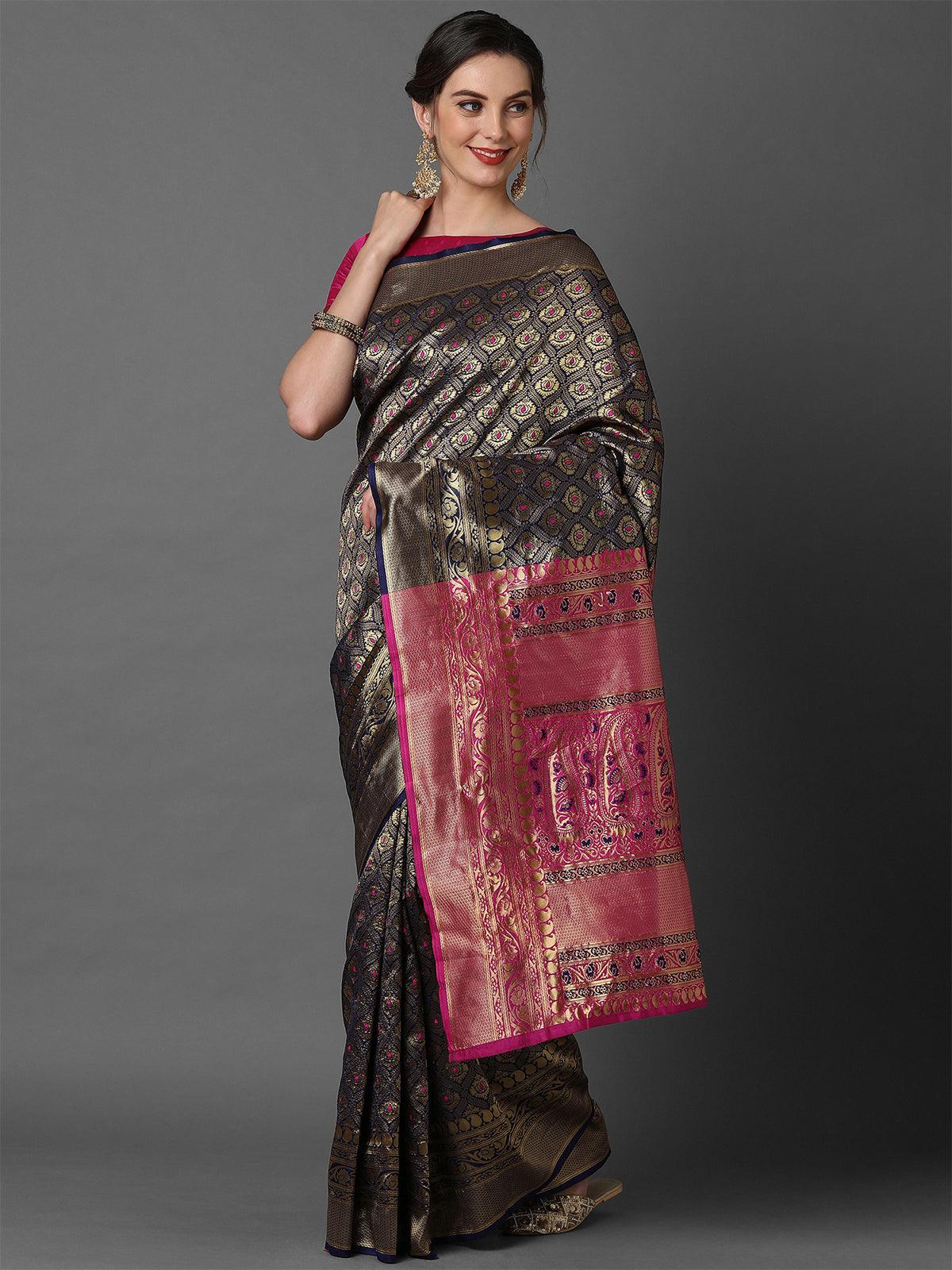 Nevy Blue & Pink wedding Silk Blend Woven Design Saree With Unstitched Blouse - Odette