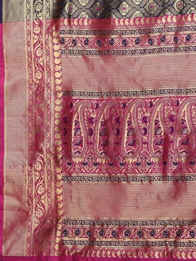 Nevy Blue & Pink wedding Silk Blend Woven Design Saree With Unstitched Blouse - Odette