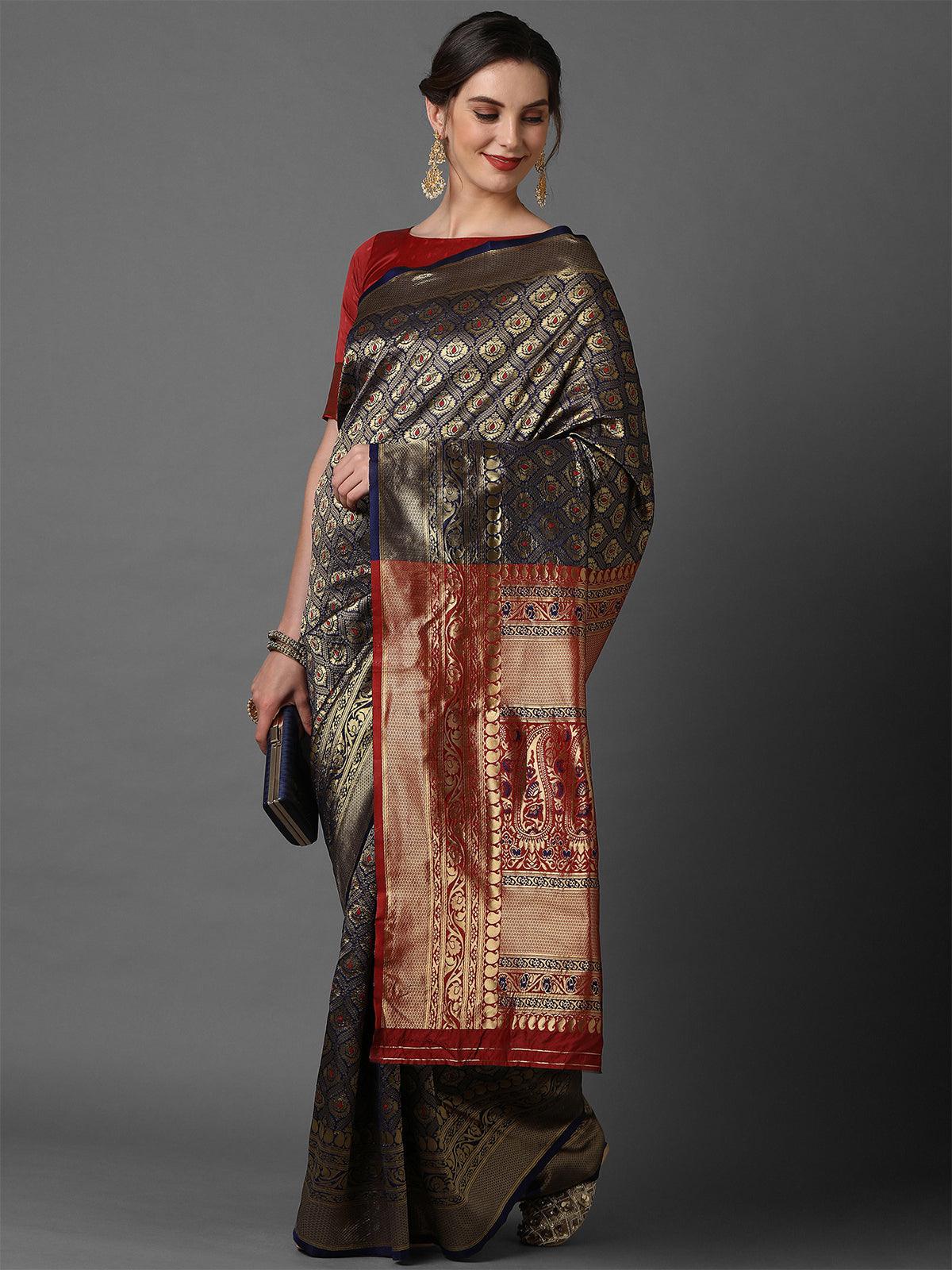 Nevy Blue & Red wedding Silk Blend Woven Design Saree With Unstitched Blouse - Odette