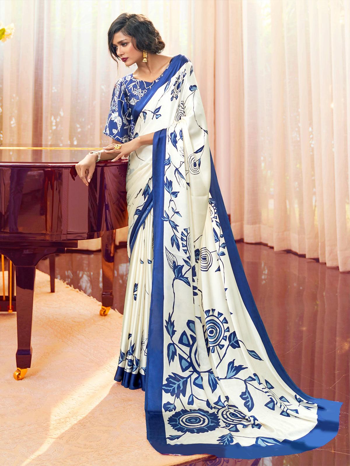 Off White & Blue Festive Crepe Printed Saree With Unstitched Blouse - Odette