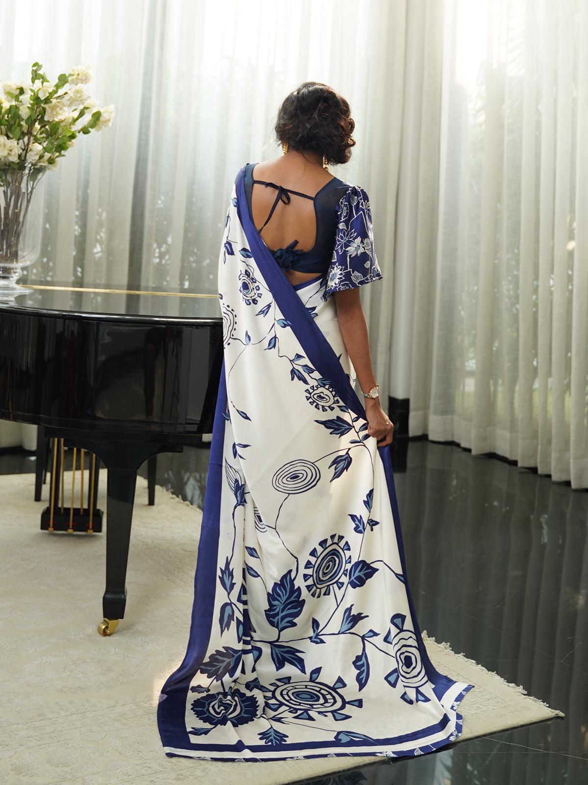 Off White & Blue Festive Crepe Printed Saree With Unstitched Blouse - Odette