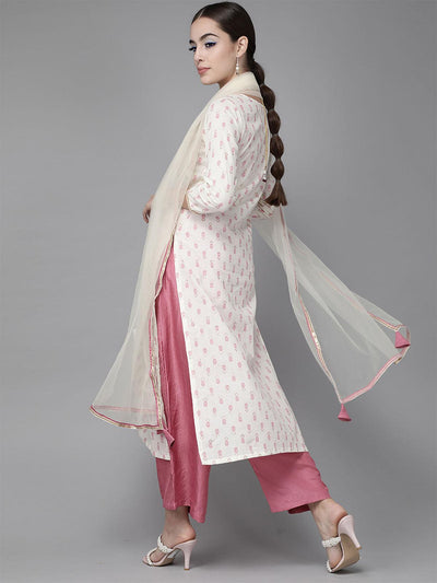 Off White and Pink Embroidered Straight Kurta Palazzo With Dupatta Set - Odette