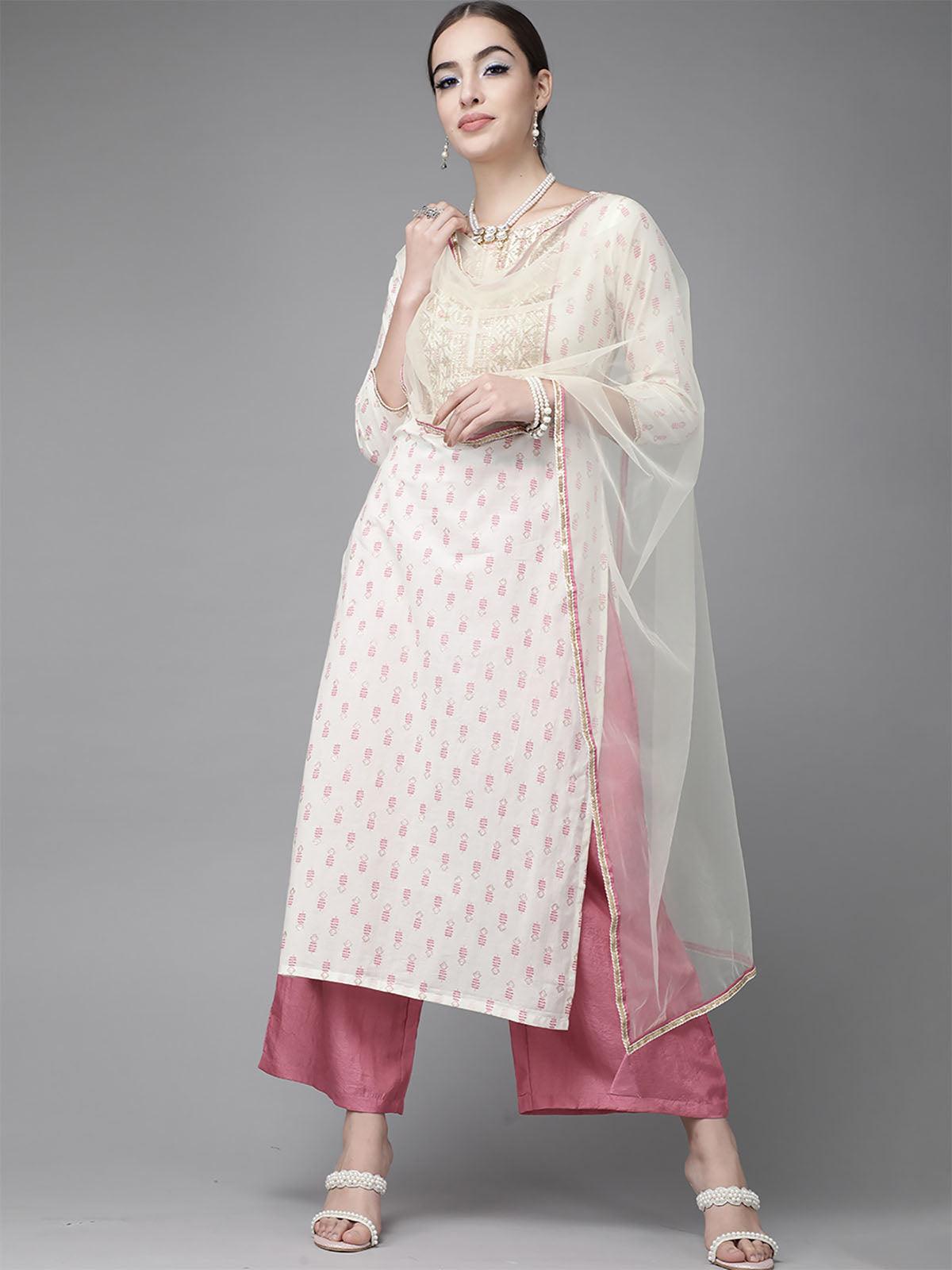 Off White and Pink Embroidered Straight Kurta Palazzo With Dupatta Set - Odette