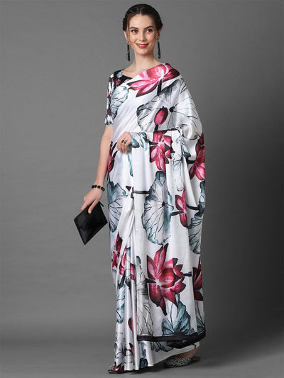 Off White Casual Crepe Printed Saree With Unstitched Blouse - Odette