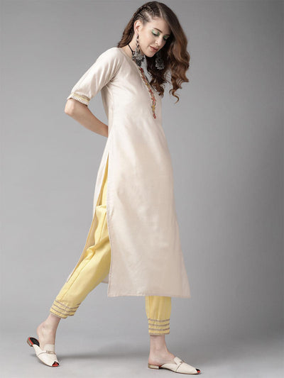 Off White Embroidered Straight Kurta with yellow Palazzo and Dupatta Set - Odette