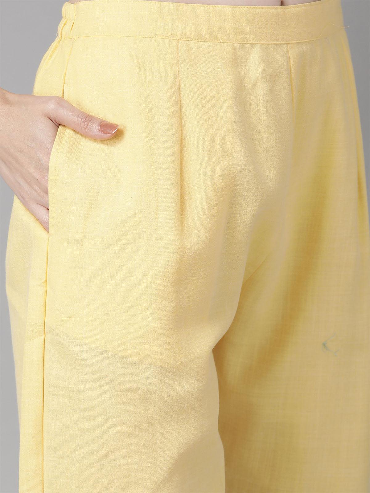 Off White Embroidered Straight Kurta with yellow Palazzo and Dupatta Set - Odette