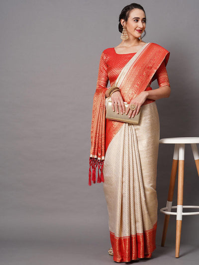 Off White Festive Silk Blend Woven Design Saree With Unstitched Blouse - Odette