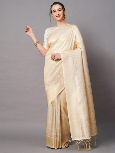 Off White Festive Silk Blend Woven Design Saree With Unstitched Blouse - Odette