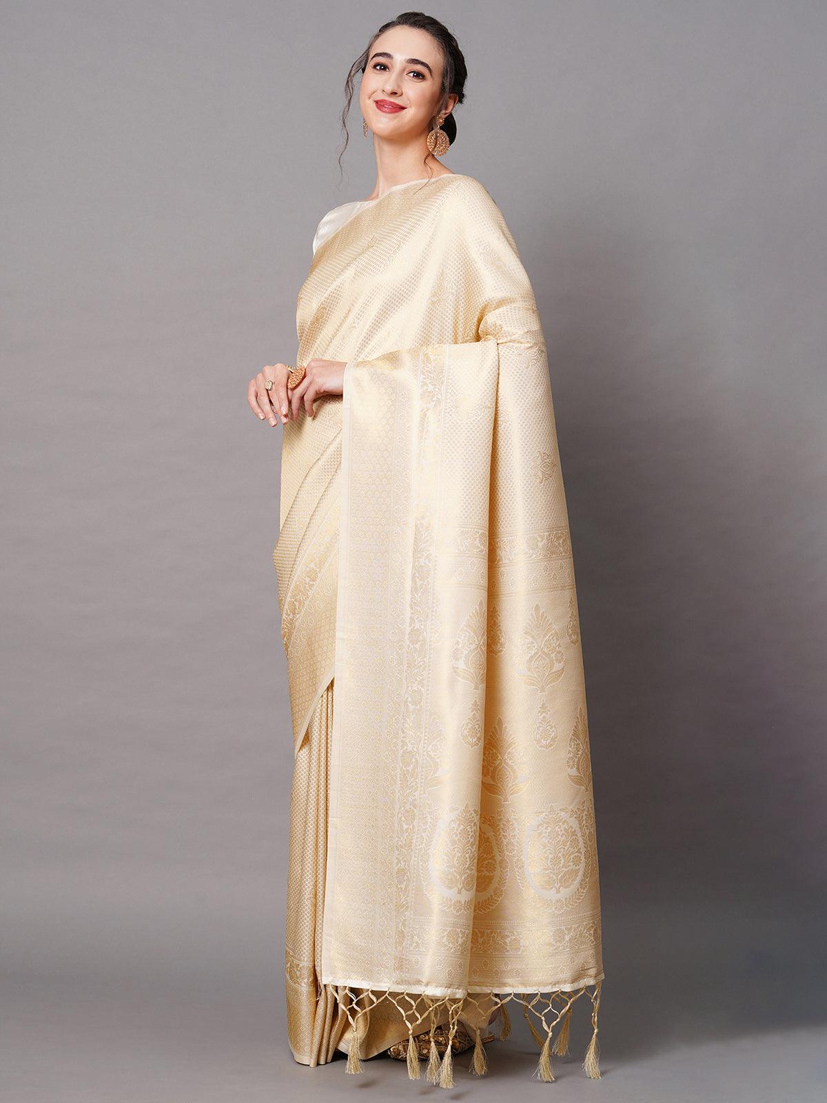 Off White Festive Silk Blend Woven Design Saree With Unstitched Blouse - Odette