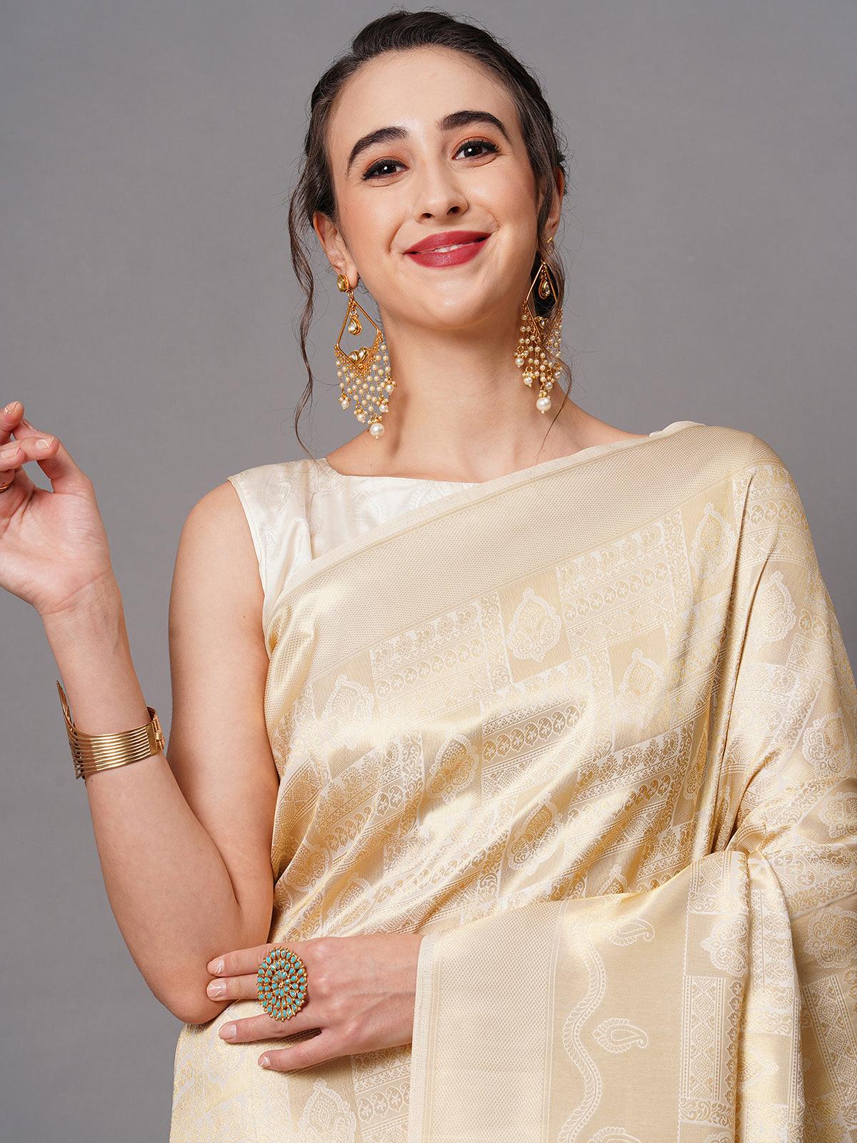 Off White Festive Silk Blend Woven Design Saree With Unstitched Blouse - Odette