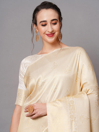 Off White Festive Silk Blend Woven Design Saree With Unstitched Blouse - Odette