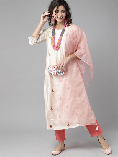 Off White Floral Embroidered Straight Kurta Trouser With Dupatta Set - Odette