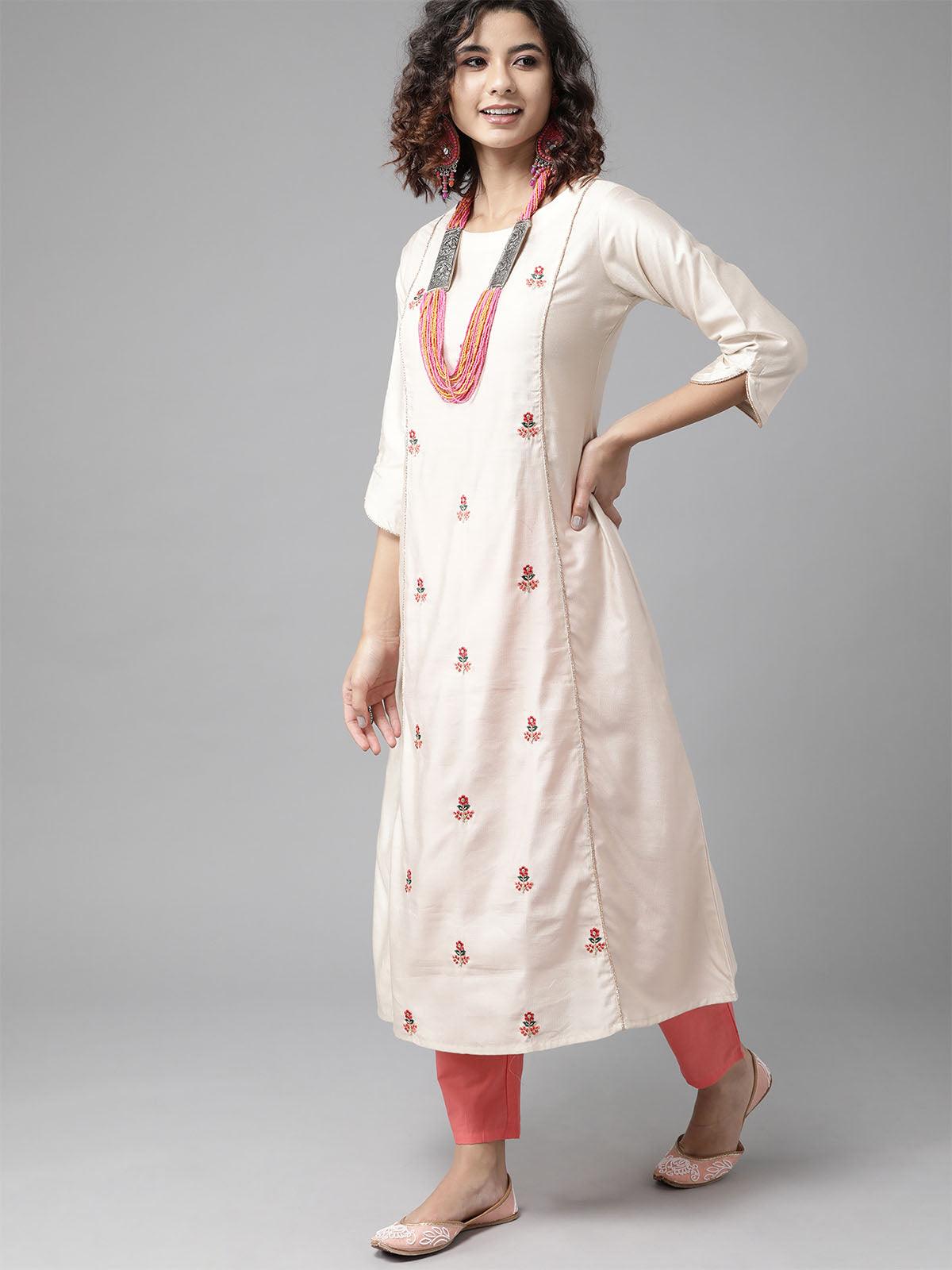 Off White Floral Embroidered Straight Kurta Trouser With Dupatta Set - Odette