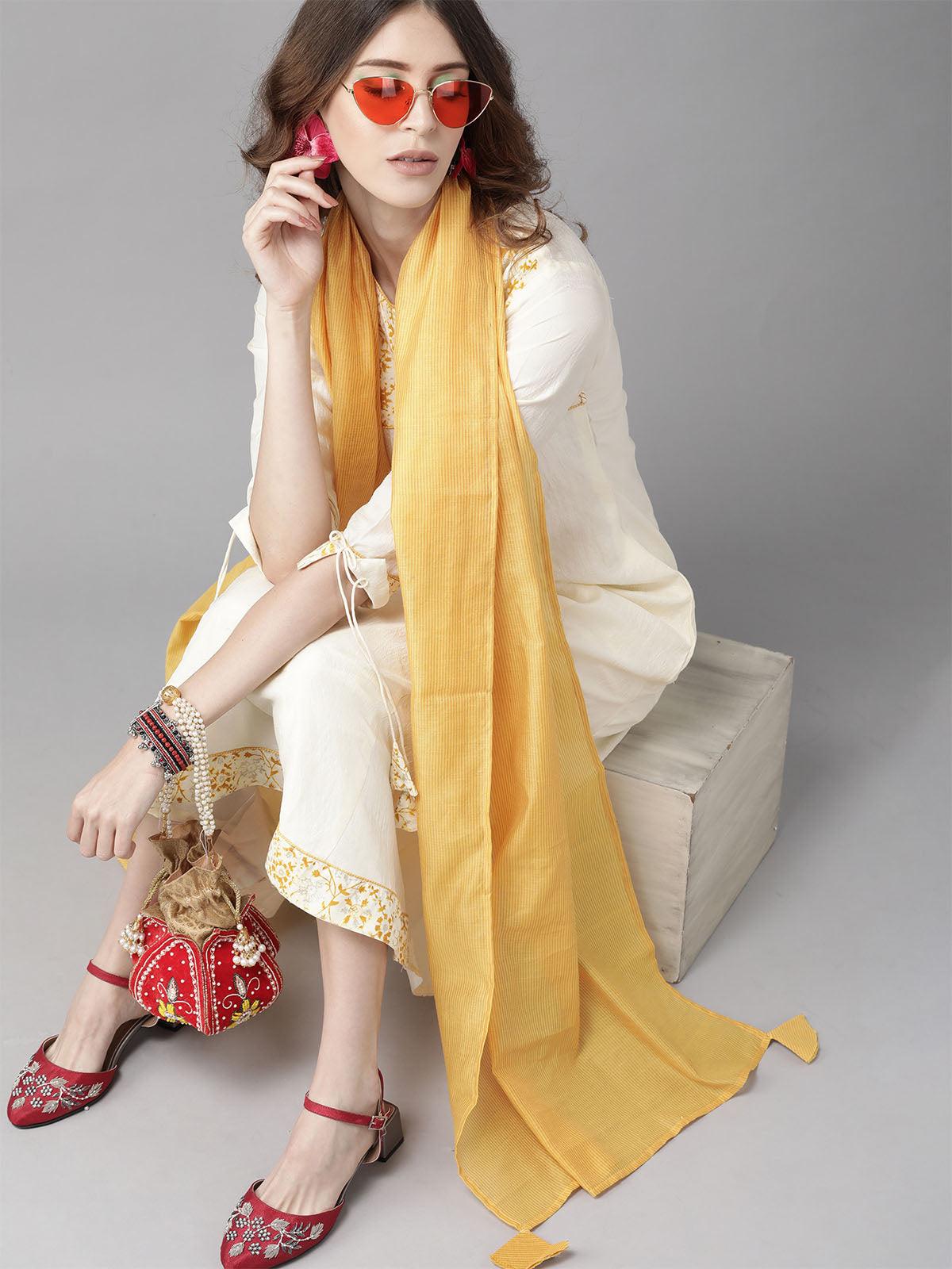 Off White Floral Printed A-line Kurta Palazzo With Dupatta Set - Odette