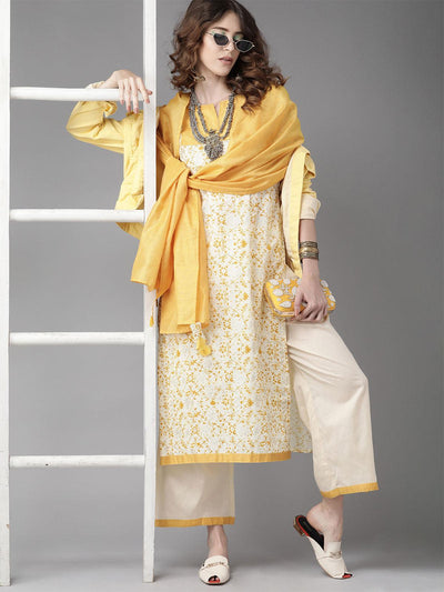 Off White Floral Printed Straight Kurta Palazzo With Dupatta Set - Odette
