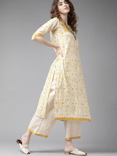 Off White Floral Printed Straight Kurta Palazzo With Dupatta Set - Odette