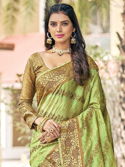 Olive Color Organza Saree With Blouse - Odette