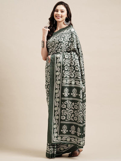 Olive Green Casual Dola silk Printed Saree With Unstitched Blouse - Odette