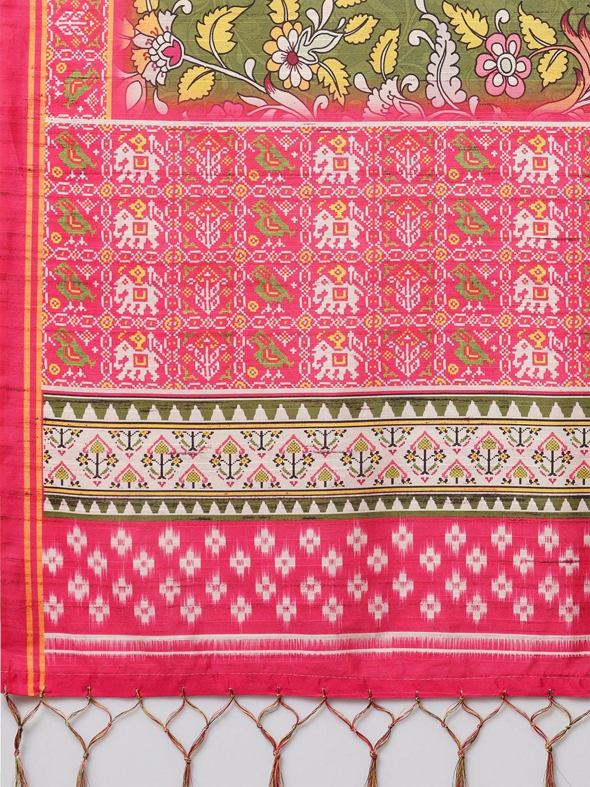 Olive Green Festive Bhagalpuri Silk Printed Saree With Unstitched Blouse - Odette