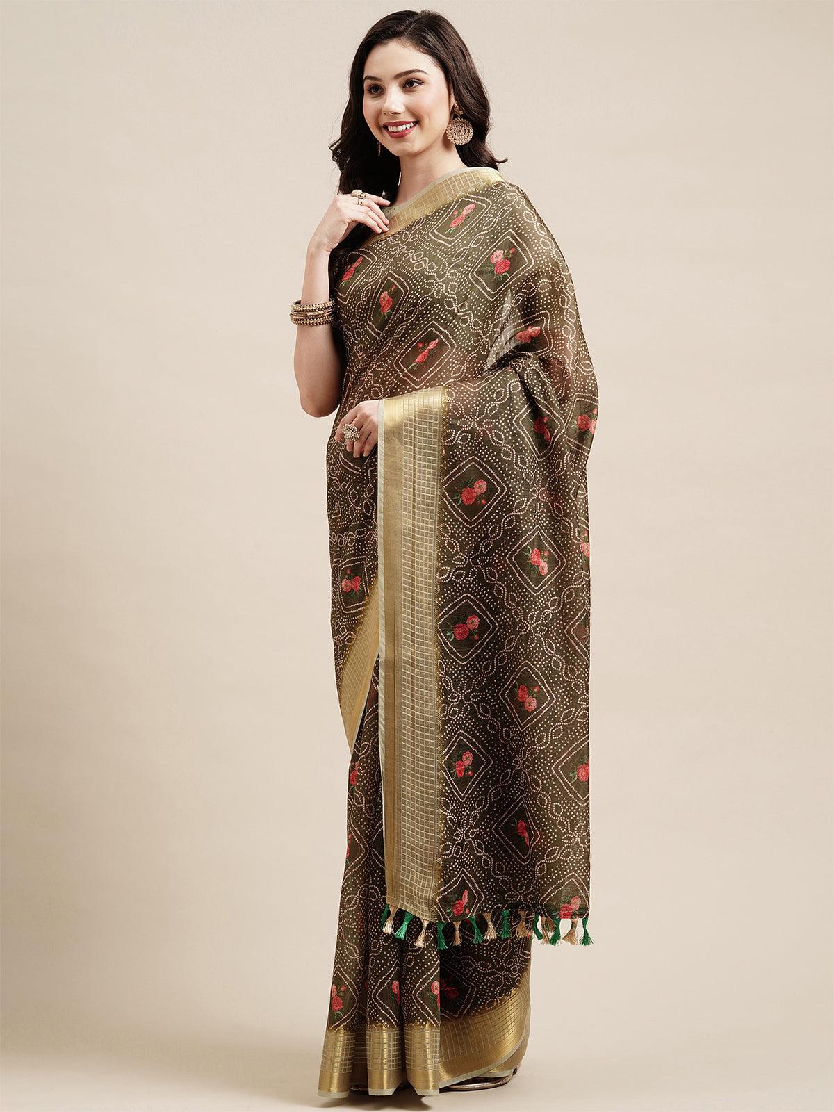 Olive Green Festive Linen Printed Saree With Unstitched Blouse - Odette