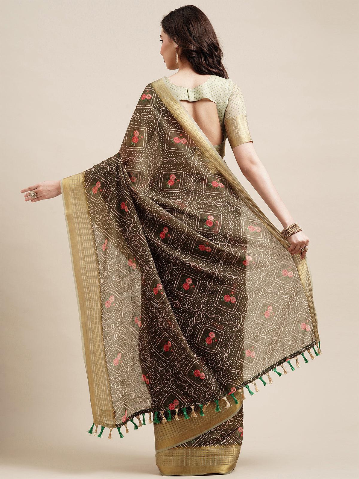 Olive Green Festive Linen Printed Saree With Unstitched Blouse - Odette