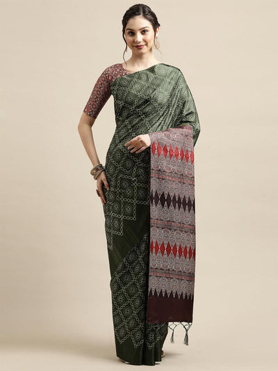 Olive Green Festive Silk Blend Printed Saree With Unstitched Blouse - Odette