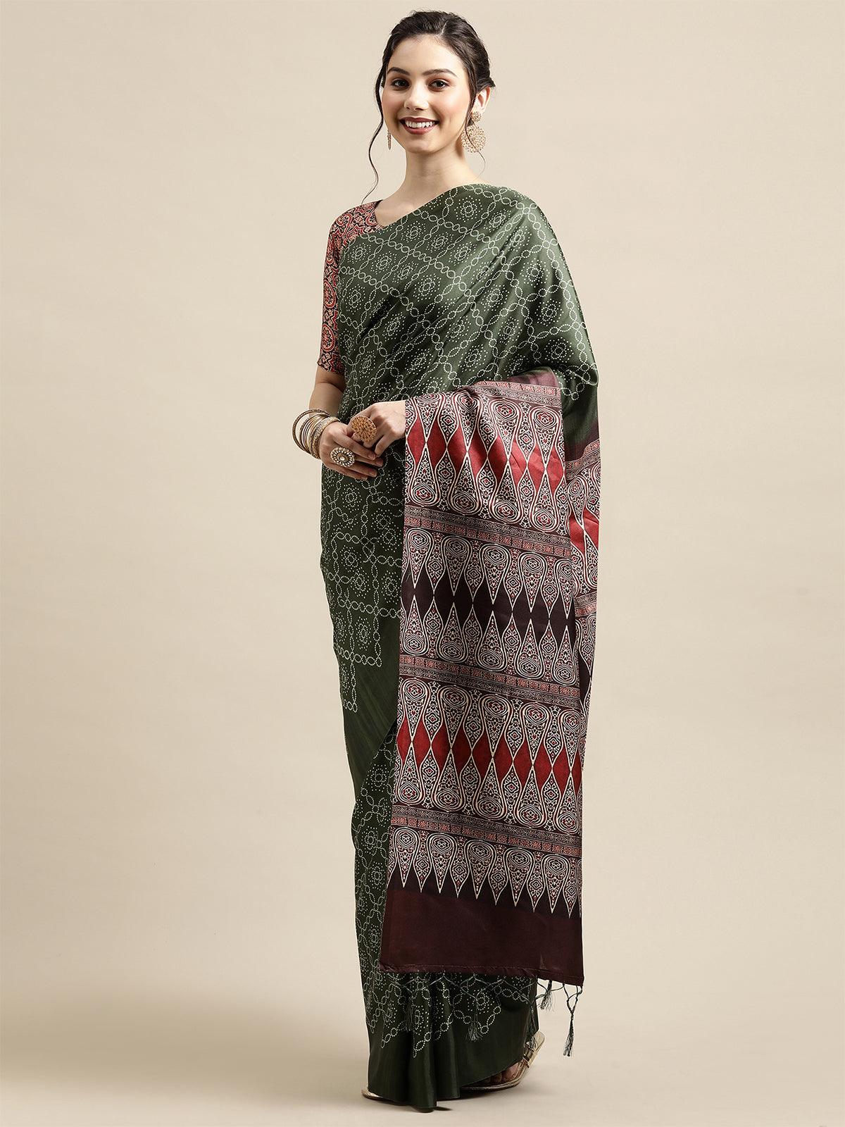 Olive Green Festive Silk Blend Printed Saree With Unstitched Blouse - Odette