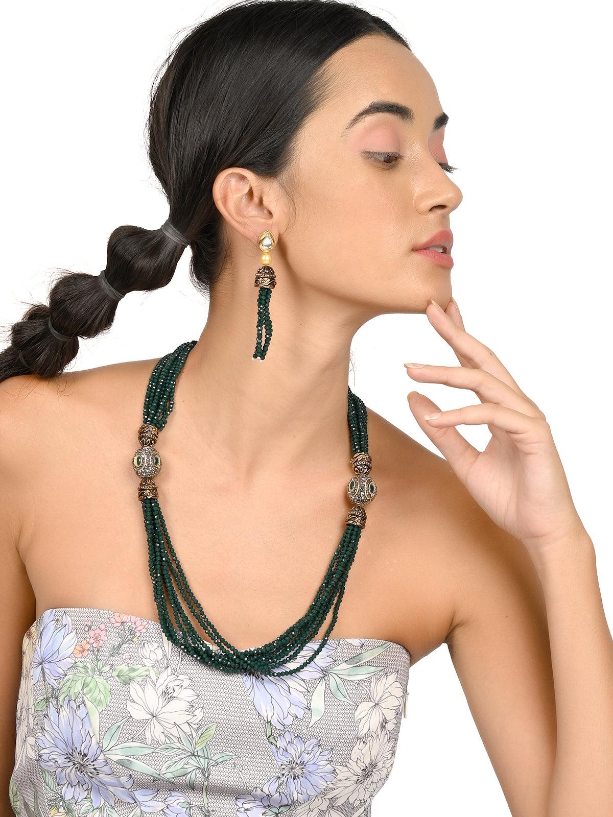Green & White Layered Necklace with Pearls & Natural Stones – DugriStyle
