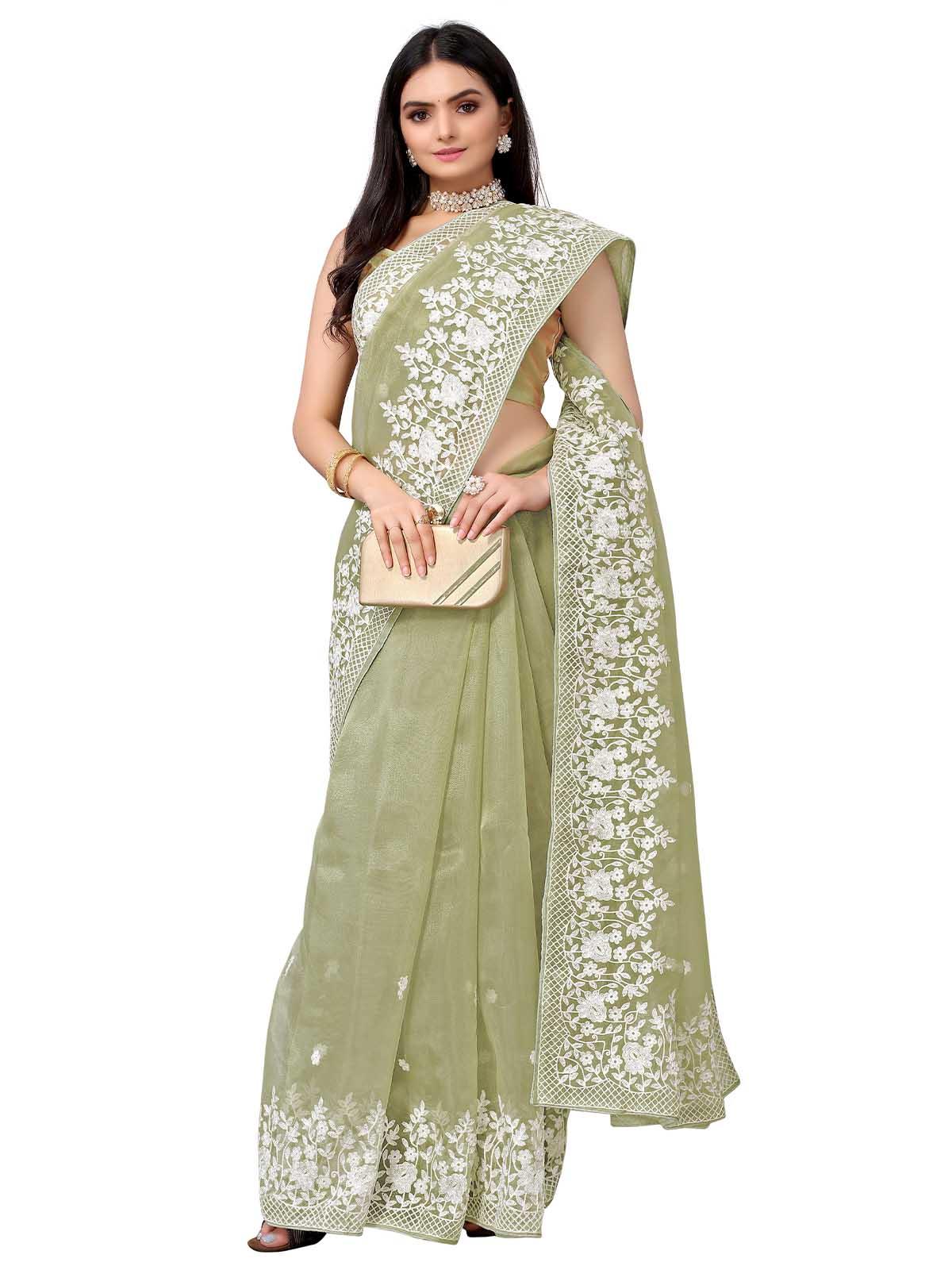 Olive Organza Embroidered Saree With Blouse - Odette