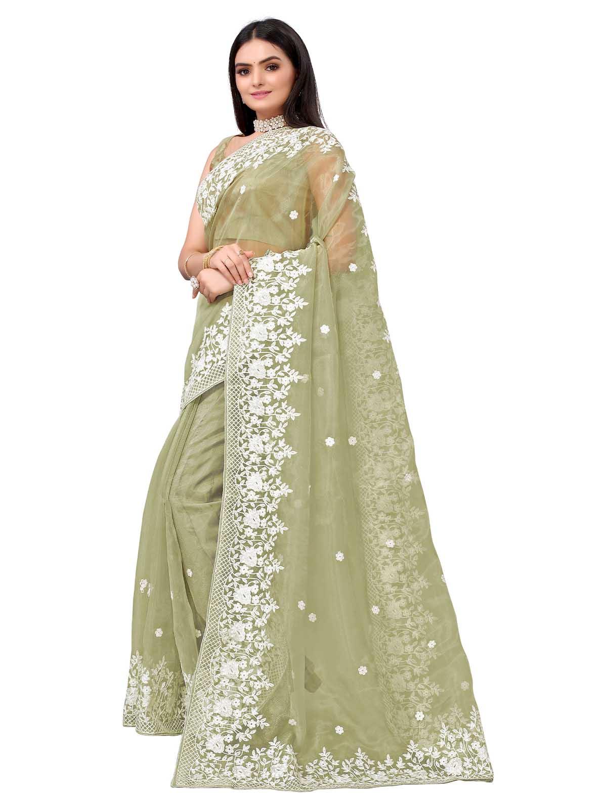Olive Organza Embroidered Saree With Blouse - Odette