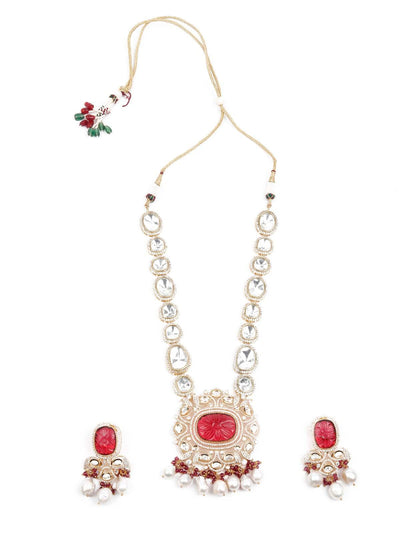 Opulant Red and White Embellished Long Necklace Set - Odette