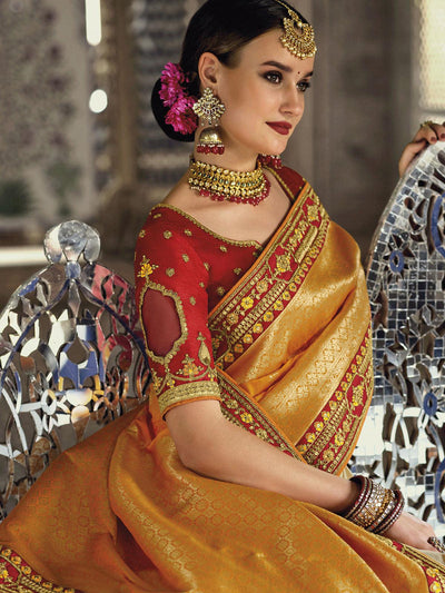 Orange and Grey Banarasi Silk Woven Design Saree - Odette