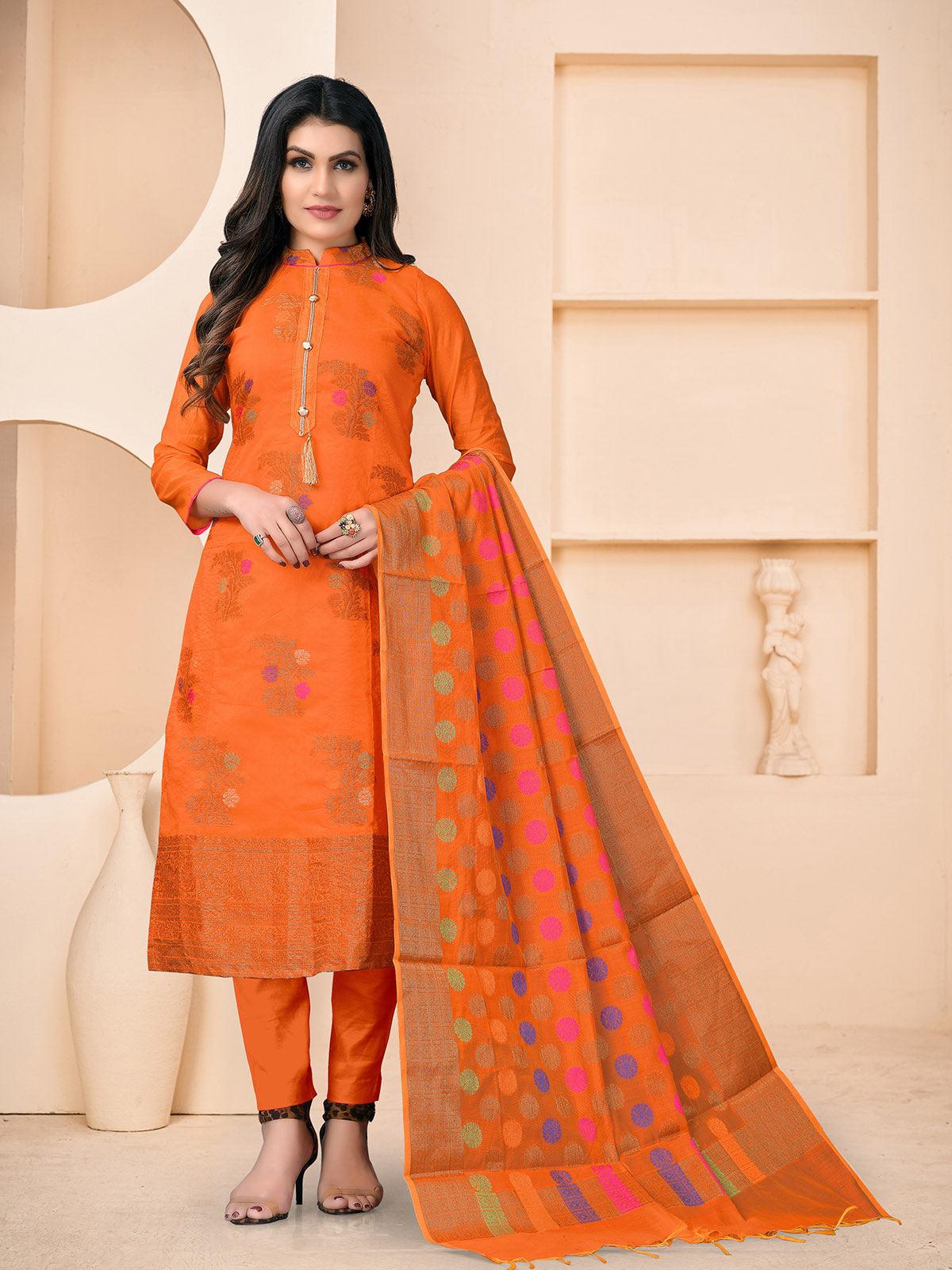 Orange Banarasi Jacquard Woven Designer Kurta Set - Odette