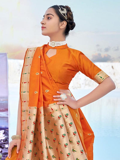 Orange Banarasi Soft Silk Woven Design Saree With Blouse Piece - Odette