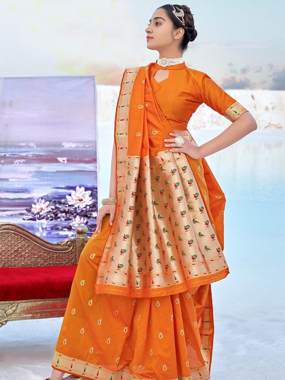 Orange Banarasi Soft Silk Woven Design Saree With Blouse Piece - Odette