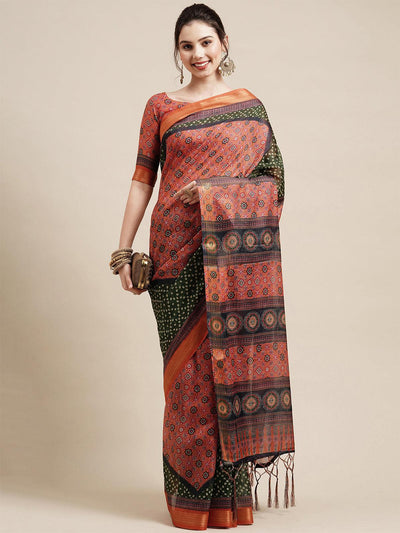 Orange Casual Linen Blend Printed Saree With Unstitched Blouse - Odette