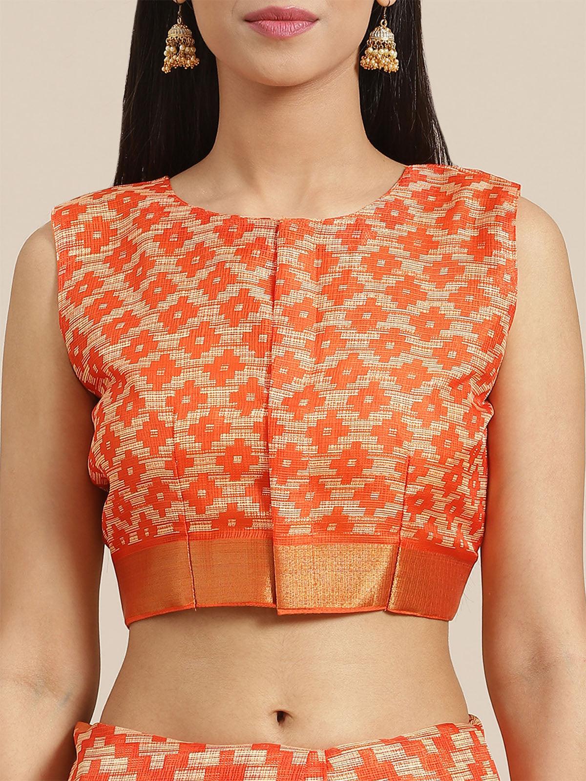 Orange Casual Silk Blend Printed Saree With Unstitched Blouse - Odette